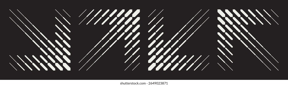 Set of four contrast abstract patterns in arrows shape. Dynamic diagonal lines and geometric shapes. Blend effect creating optical illusions and visual movement on a black background