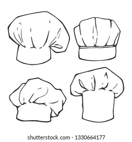 Set of four of a cook cap in cartoon style. Linear vector sketch for coloring book, stencil, design, prints.