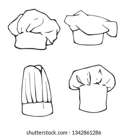 Set of four of a cook cap in cartoon style. Linear vector sketch for coloring book, stencil, design, prints.