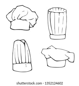 Set of four of a cook cap in cartoon style. Linear vector sketch for coloring book, stencil, design, prints.