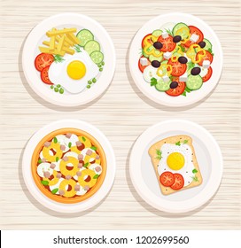 Set of four cooked dishes. Fried egg with french fries, Greek salad, egg sandwich, pizza with chicken and pineapple. Top view . Vector illustration.