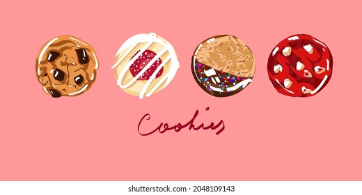 Set of four cookies vector illustration on the pink background. Four types of cookies: chocolate chips cookie, red velvet, jam filled cookie and chocolota filled cookie. Red lettering.