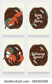 set of four cosmic banners with doodle foxes-astronaut, can be used as party invitations, old fashioned colors, vector illustration