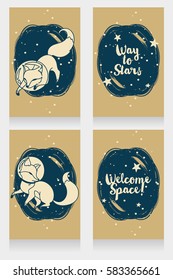 set of four cosmic banners with doodle foxes-astronaut, can be used as party invitations, retro palette, vector illustration