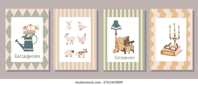A set of four cottagecore posters in flat vector style. Includes: flowers in watering can with 'Cottagecore' text; farm animals (rabbit, goose, goat, chicken, sheep, cow); cat sitting in armchair
