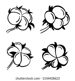 Set of four cotton flowers. Hand drawn cotton flowers in black and white. Vector design element for textile industry.