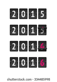 Set of four countdown timers with 2015 and 2016 numbers and flips. Analog scoreboard flip calendar change represents the new year 2016.