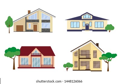 Set of four country houses  in flat style. Vector illustration.