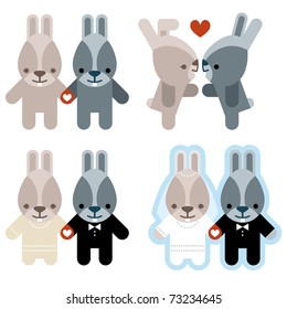 Set of four couple of cute rabbits fall in love, in union, engaged and married