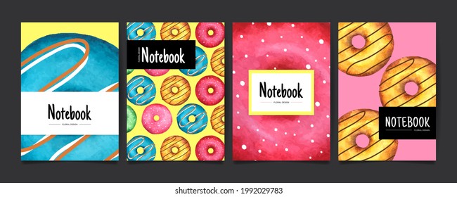 Set of four cover templates with hand painted watercolor donuts. Vibrant colorful covers. Vector