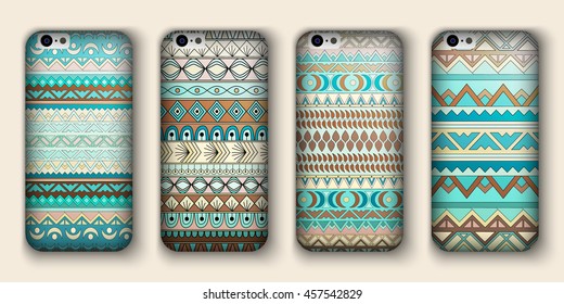 A set of four covers for your mobile phone. Vector decorative ethnic backgrounds in boho style.