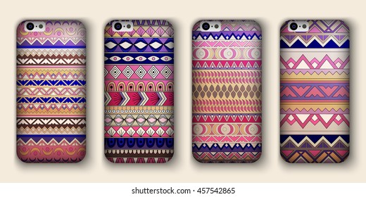 A set of four covers for your mobile phone. Vector decorative ethnic backgrounds in boho style.