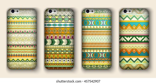 A set of four covers for your mobile phone. Vector decorative ethnic backgrounds in boho style.
