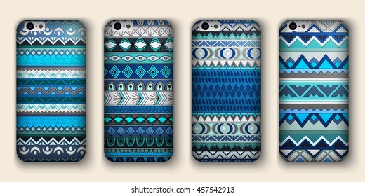 A set of four covers for your mobile phone. Vector decorative ethnic backgrounds in boho style.