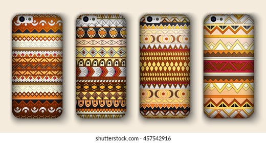 A set of four covers for your mobile phone. Vector decorative ethnic backgrounds in boho style.