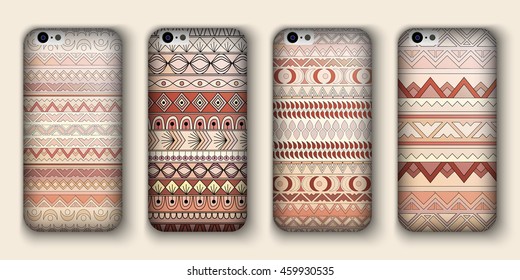 A set of four covers for your mobile phone. Vector decorative ethnic backgrounds in boho style.