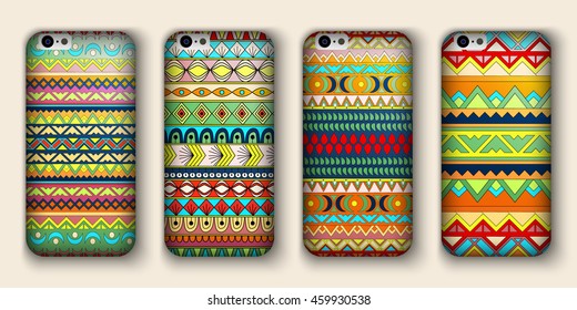 A set of four covers for your mobile phone. Vector decorative ethnic backgrounds in boho style.