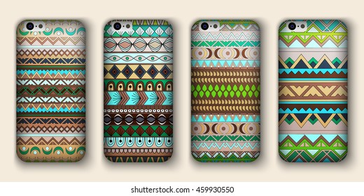 A set of four covers for your mobile phone. Vector decorative ethnic backgrounds in boho style.