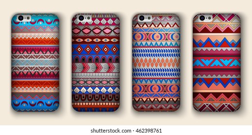 Un conjunto de cuatro portadas para tu teléfono móvil. Vectores decorativos de origen étnico al estilo boho.