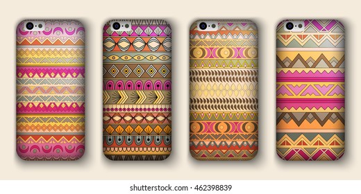A set of four covers for your mobile phone. Vector decorative ethnic backgrounds in boho style.