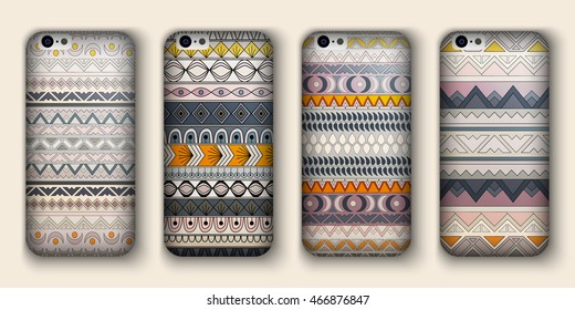 A set of four covers for your mobile phone. Vector decorative ethnic backgrounds in boho style.
