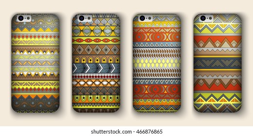 A set of four covers for your mobile phone. Vector decorative ethnic backgrounds in boho style.