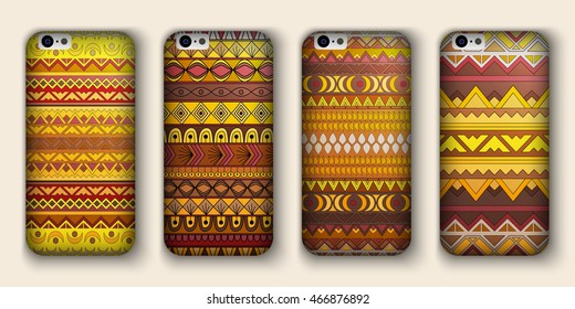 A set of four covers for your mobile phone. Vector decorative ethnic backgrounds in boho style.