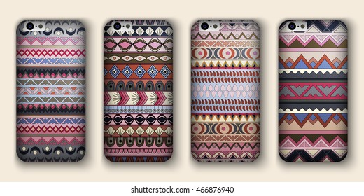 A set of four covers for your mobile phone. Vector decorative ethnic backgrounds in boho style.