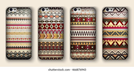 A set of four covers for your mobile phone. Vector decorative ethnic backgrounds in boho style.