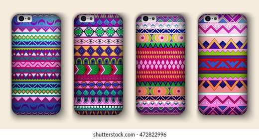 A set of four covers for your mobile phone. Vector decorative ethnic backgrounds in boho style.