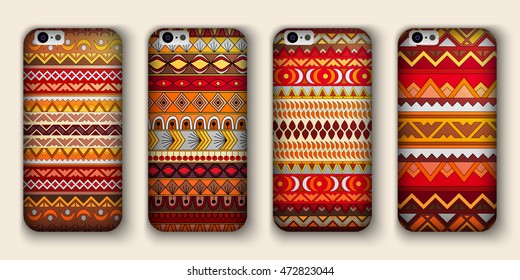 A set of four covers for your mobile phone. Vector decorative ethnic backgrounds in boho style.