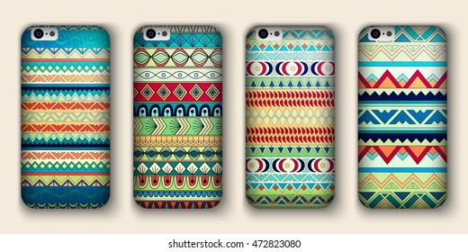 A set of four covers for your mobile phone. Vector decorative ethnic backgrounds in boho style.