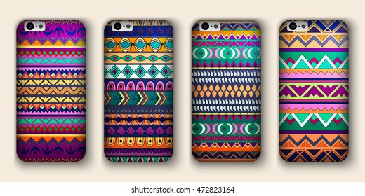 A set of four covers for your mobile phone. Vector decorative ethnic backgrounds in boho style.