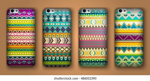 A set of four covers for your mobile phone. Vector decorative ethnic backgrounds in boho style.