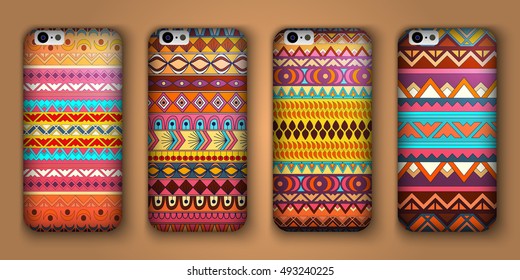 A set of four covers for your mobile phone. Vector decorative ethnic backgrounds in boho style.