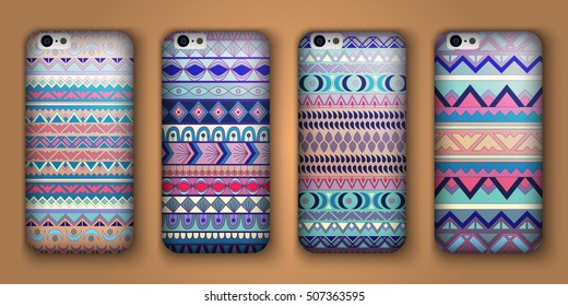 A set of four covers for your mobile phone. Vector decorative ethnic backgrounds in boho style.