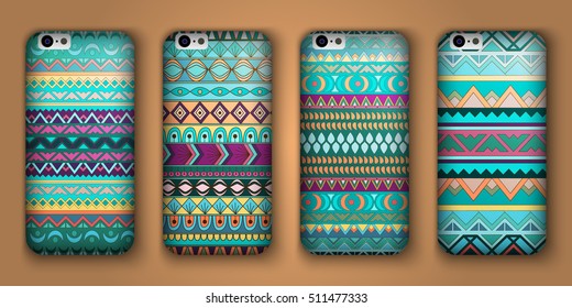 A set of four covers for your mobile phone. Vector decorative ethnic backgrounds in boho style.