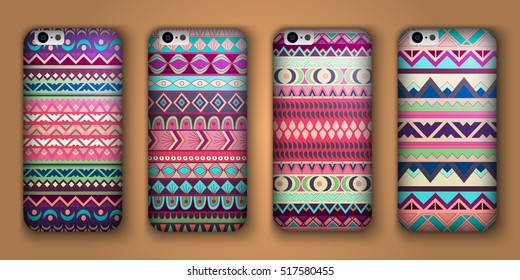 A set of four covers for your mobile phone. Vector decorative ethnic backgrounds in boho style.