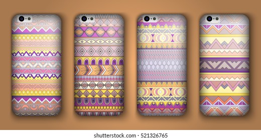 A set of four covers for your mobile phone. Vector decorative ethnic backgrounds in boho style.