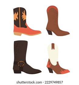 Set with four cowboy boots, hand drawn in flat style, traditional American footwear, isolated vector illustration