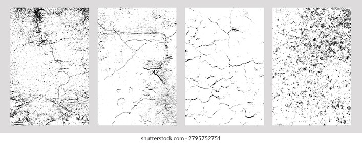 Set of four cracked and weathered surface textures including fine fissures, smooth light cracks, dried earth patterns, and speckled corrosion, distressed backgrounds for design or material studies