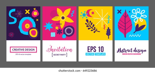 Set of four creative backgrounds templates with abstract hand drawn elements. Useful for advertising and graphic design.