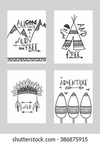 Set of four creative Boho Style Cards with different ethnic elements on grey background.