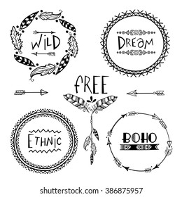 Set of four creative Boho style Frames mady by Ethnic Feathers, Arrows and Floral Elements with space for your text on grey background. 