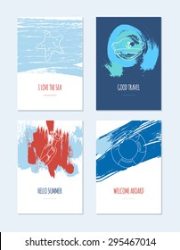 Set four of creative cards. Marine themes with blue, red and white colors. Vector background with texture and sea elements in hand-draw style: starfish, captain's cap, bottle with map and lifeline.