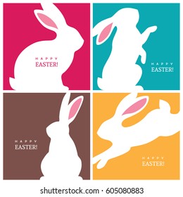 Set of four creative design concepts with white bunny silhouettes for Easter greeting card, banner or poster.