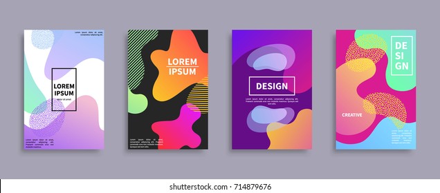 Set of four creative design covers with colorful blot variations, text sample, and creative title vector illustration isolated on grey