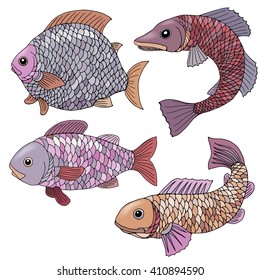 Set of four creative fishes with multicolored scales, fins and tails. Hand-painted watercolor illustration. Isolated on white background.