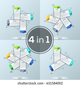 Set of four creative infographic design templates: 3, 4, 5, 6 rectangular elements placed in circle connected with arrows. Vector illustration for website, banner, presentation, report, brochure.