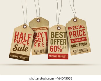 Set of four creative Sale or Price Tags, Labels design on grey background.